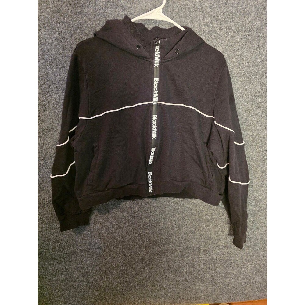 BlackMilk Black Zip Hoodie White Piping Logo Tape Women’s Medium